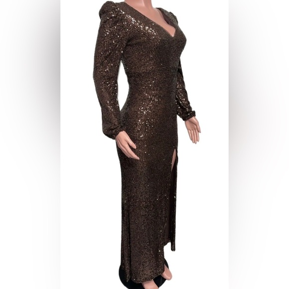 Brown Sequin Evening Gown Bridesmaid ball evening Dress front split Glam 6  nwts - Picture 4 of 4